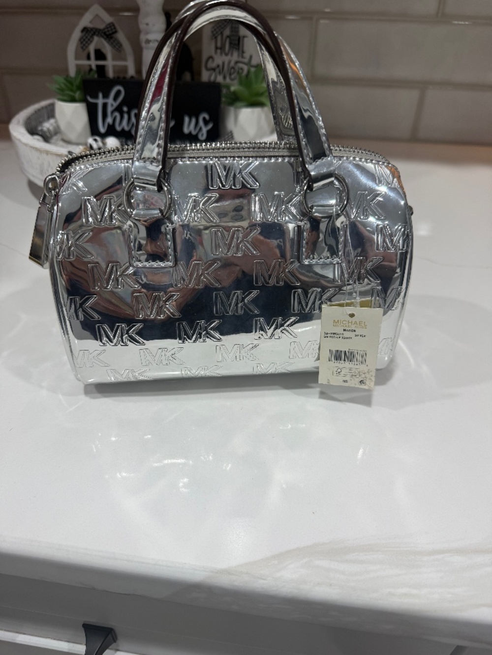 NWT 100% Authentic Michael Kors xs metallic silver Mason satchel